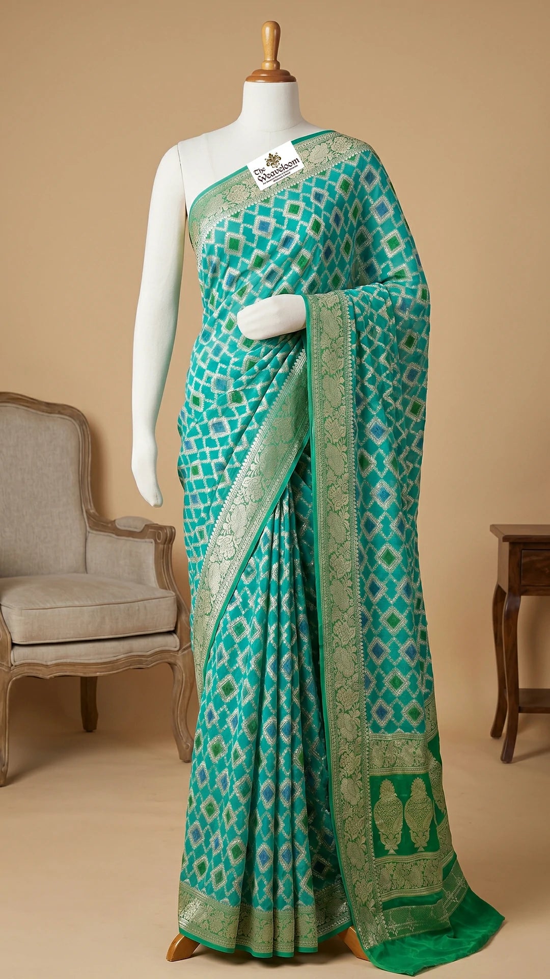 The Weaveloom Sea Green Multicolor Rangkat Dye Golden Zari Crepe Georgette Pure Banarasi Saree