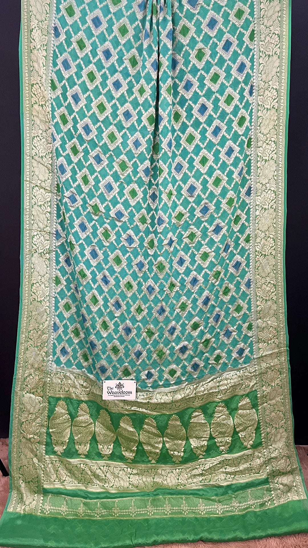 The Weaveloom Sea Green Multicolor Rangkat Dye Golden Zari Crepe Georgette Pure Banarasi Saree