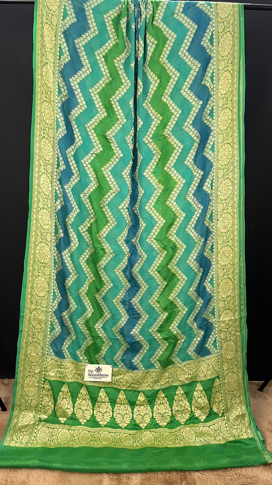 The Weaveloom Sea Green Rangkat Crepe Georgette Multicolor Pure Banarasi Saree With Golden Zari Border