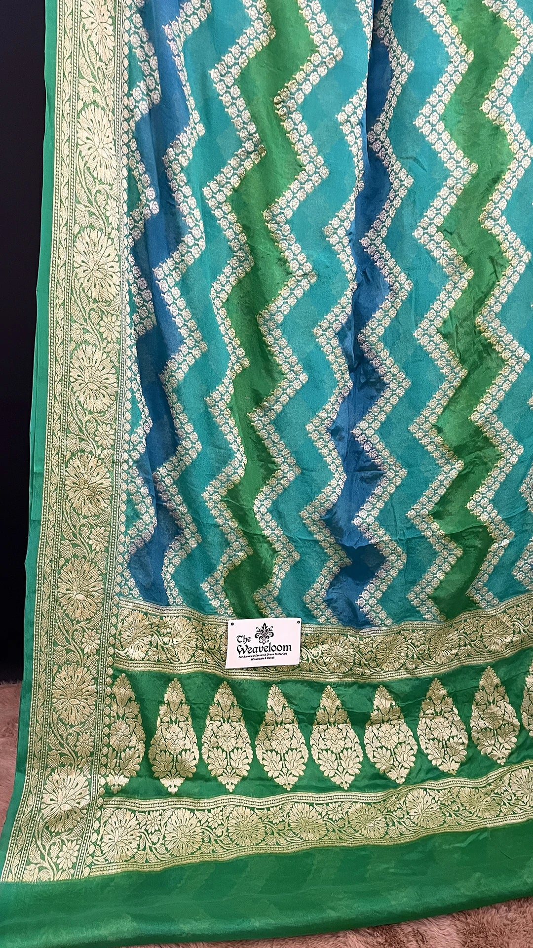 The Weaveloom Sea Green Rangkat Crepe Georgette Multicolor Pure Banarasi Saree With Golden Zari Border