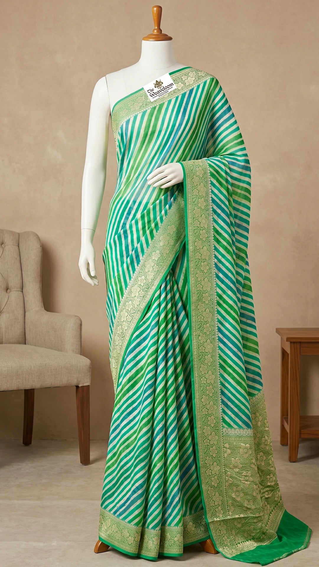 The Weaveloom Sea Green Rangkat Multicolor Crepe Georgette Pure Banarasi Saree With Golden Zari Floral Border