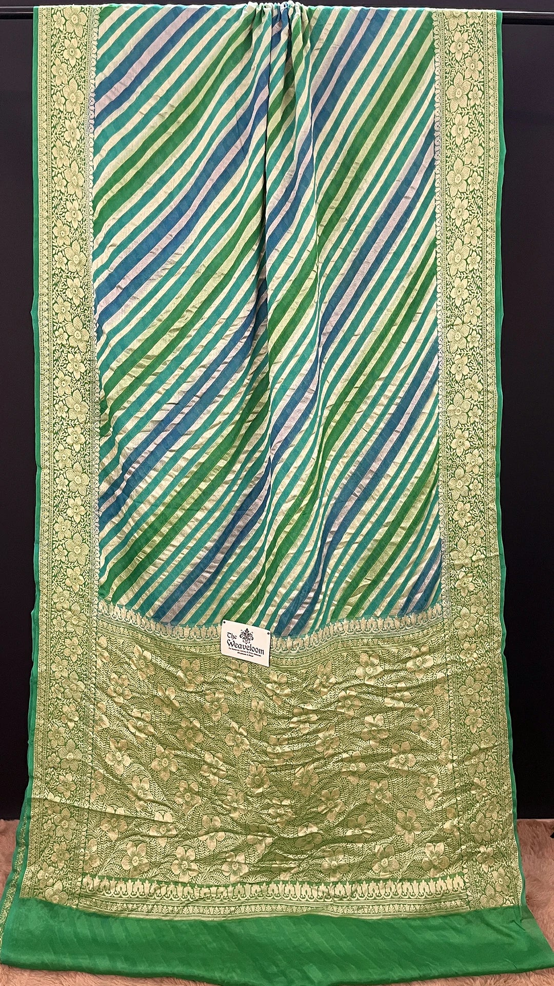 The Weaveloom Sea Green Rangkat Multicolor Crepe Georgette Pure Banarasi Saree With Golden Zari Floral Border