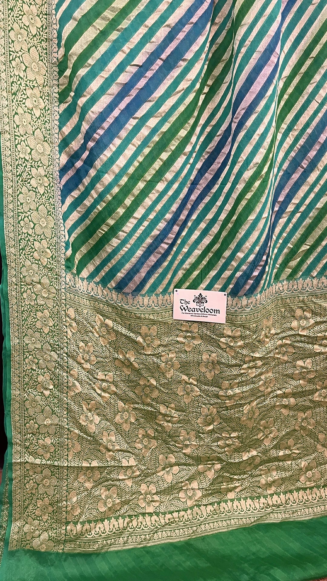 The Weaveloom Sea Green Rangkat Multicolor Crepe Georgette Pure Banarasi Saree With Golden Zari Floral Border