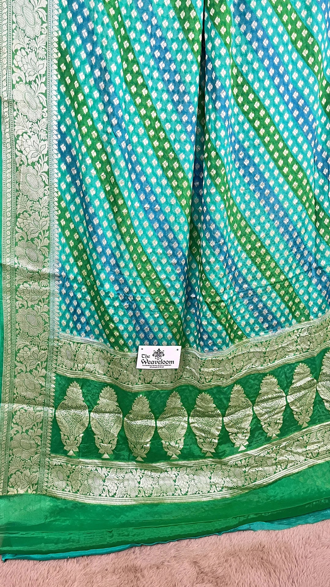 The Weaveloom Sea Green Rangkat Pattern Pure Crepe Georgette Golden Zari Banarasi Saree