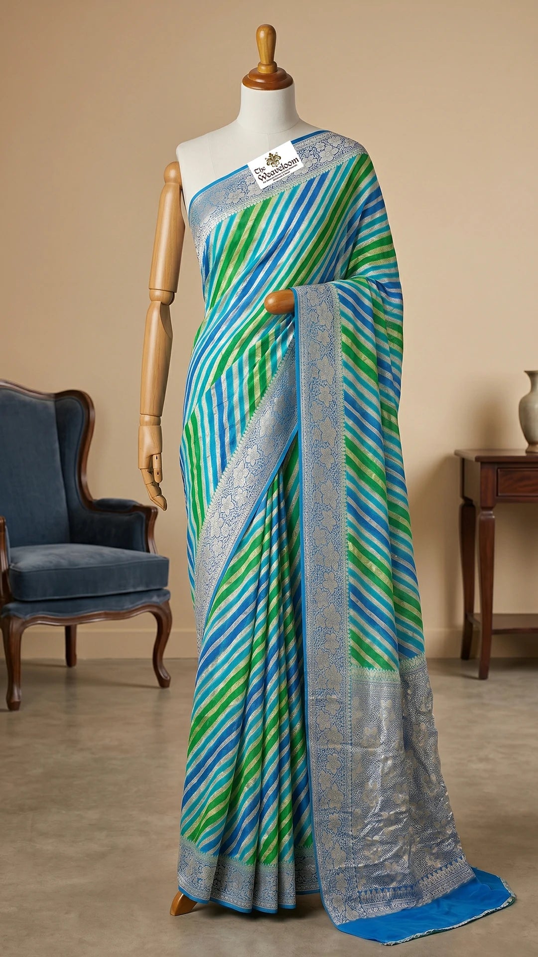The Weaveloom Sea Green Royal Blue Rangkat Pure Crepe Georgette Banarasi Saree with Golden Zari and Floral Border