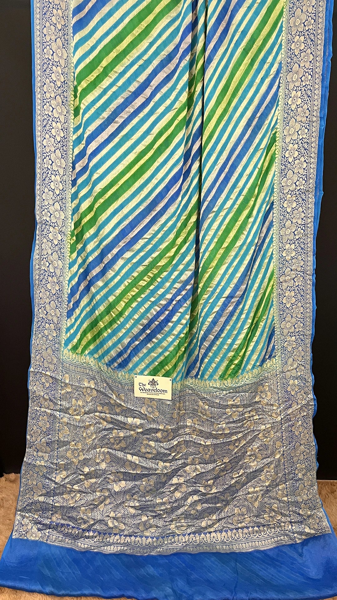 The Weaveloom Sea Green Royal Blue Rangkat Pure Crepe Georgette Banarasi Saree with Golden Zari and Floral Border