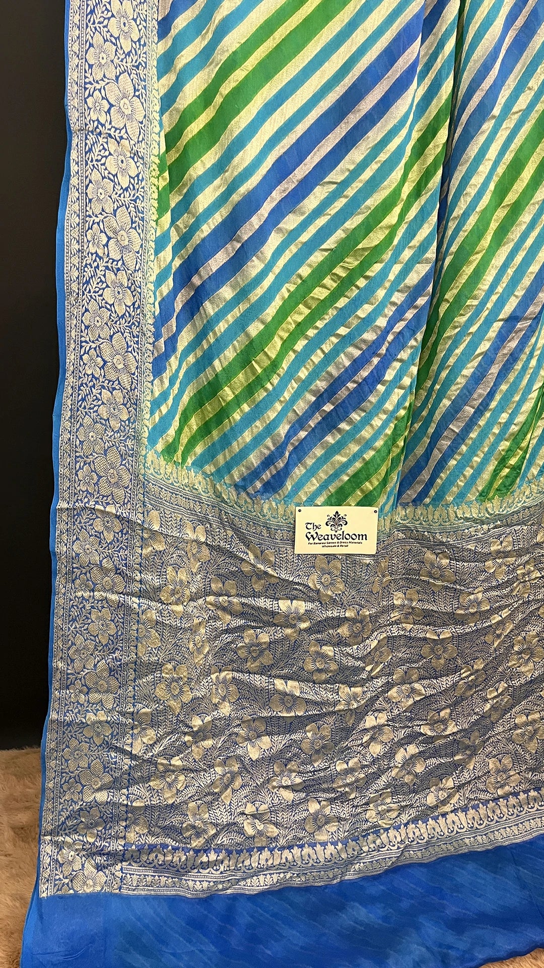 The Weaveloom Sea Green Royal Blue Rangkat Pure Crepe Georgette Banarasi Saree with Golden Zari and Floral Border