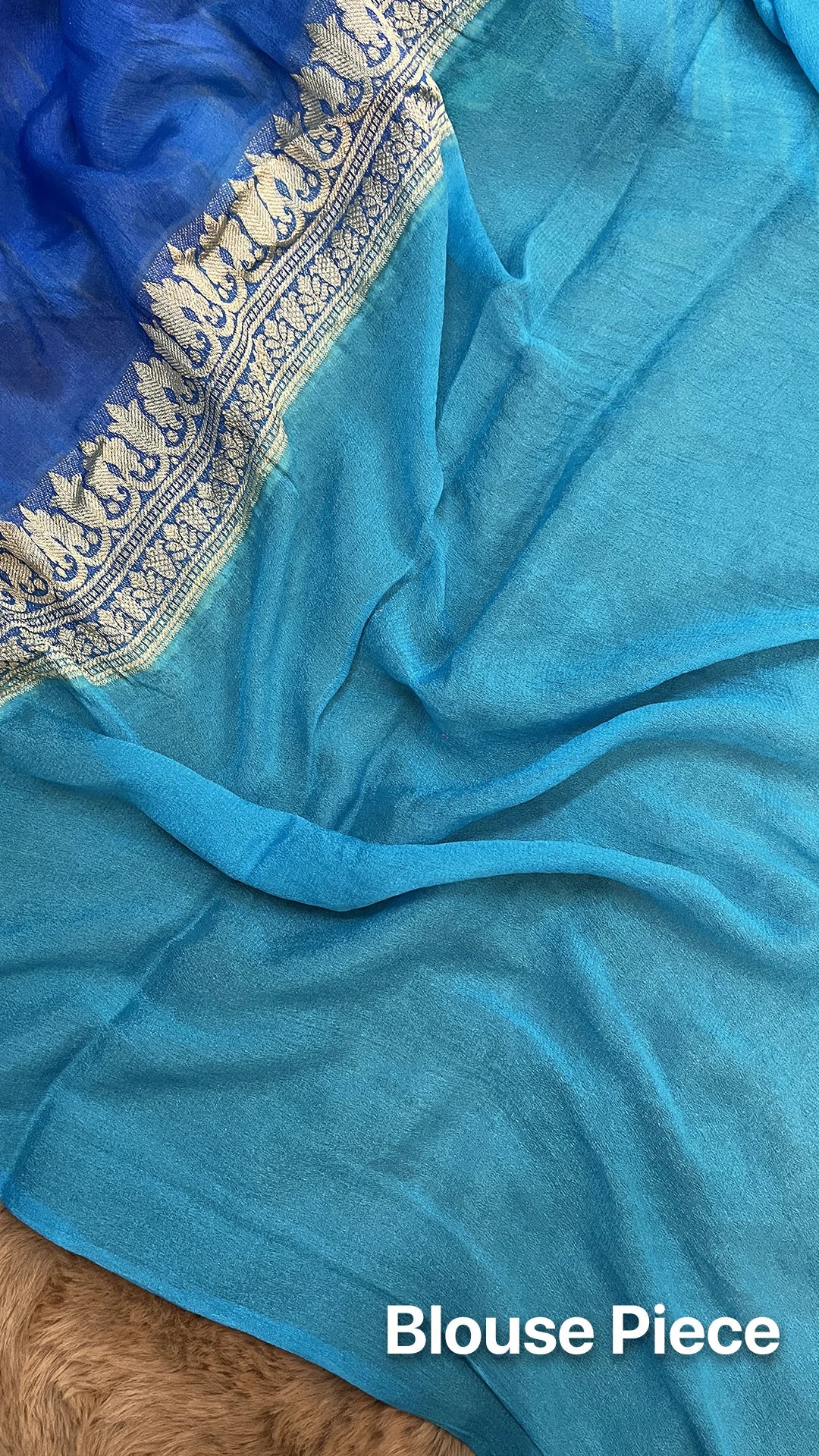 The Weaveloom Sea Green Royal Blue Rangkat Pure Crepe Georgette Banarasi Saree with Golden Zari and Floral Border