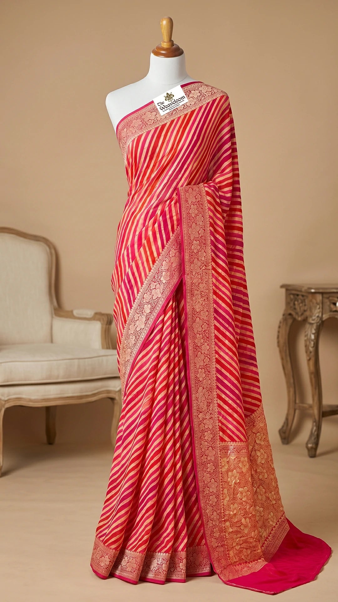 The Weaveloom Strawberry Pink Multicolor Rangkat Crepe Georgette Pure Banarasi Saree With Golden Zari Floral Border