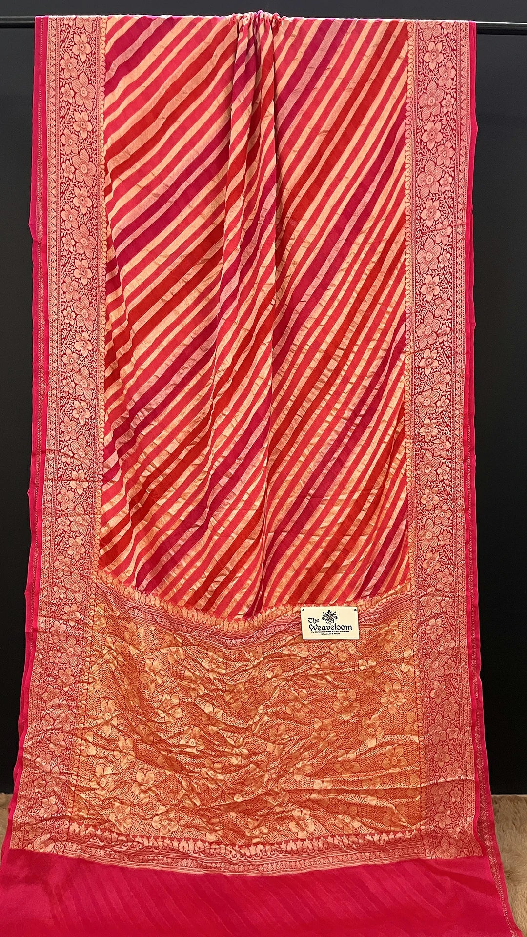 The Weaveloom Strawberry Pink Multicolor Rangkat Crepe Georgette Pure Banarasi Saree With Golden Zari Floral Border