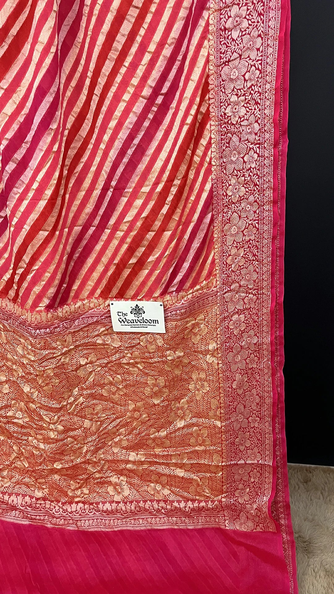 The Weaveloom Strawberry Pink Multicolor Rangkat Crepe Georgette Pure Banarasi Saree With Golden Zari Floral Border