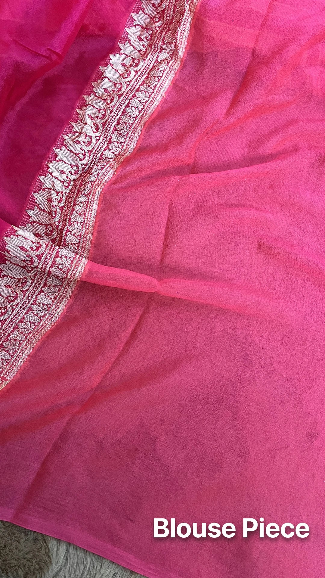 The Weaveloom Strawberry Pink Multicolor Rangkat Crepe Georgette Pure Banarasi Saree With Golden Zari Floral Border