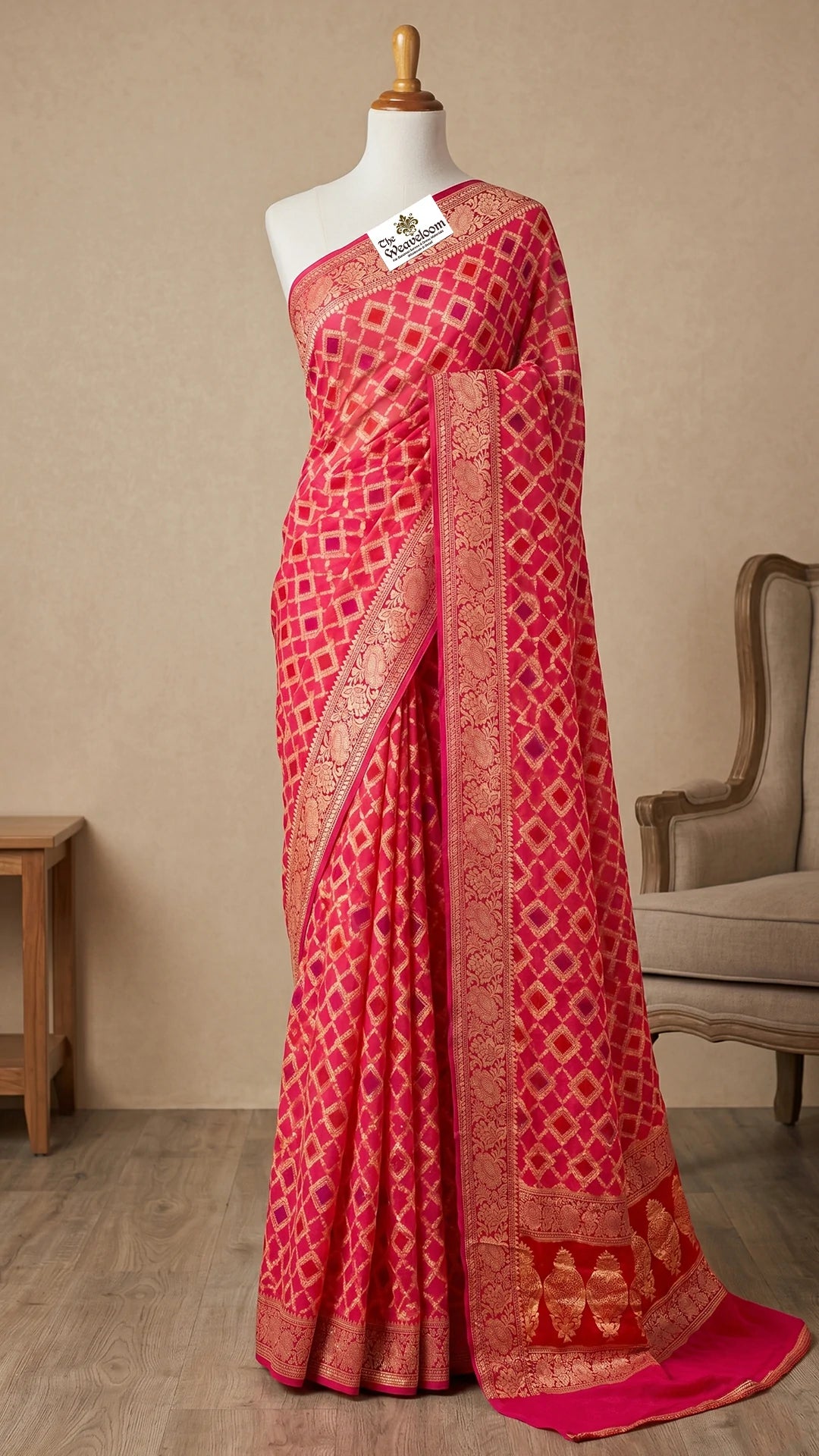 The Weaveloom Strawberry Pink Rangkat Multicolor Jaal Pattern Crepe Georgette Pure Banarasi Saree With Golden Zari Border