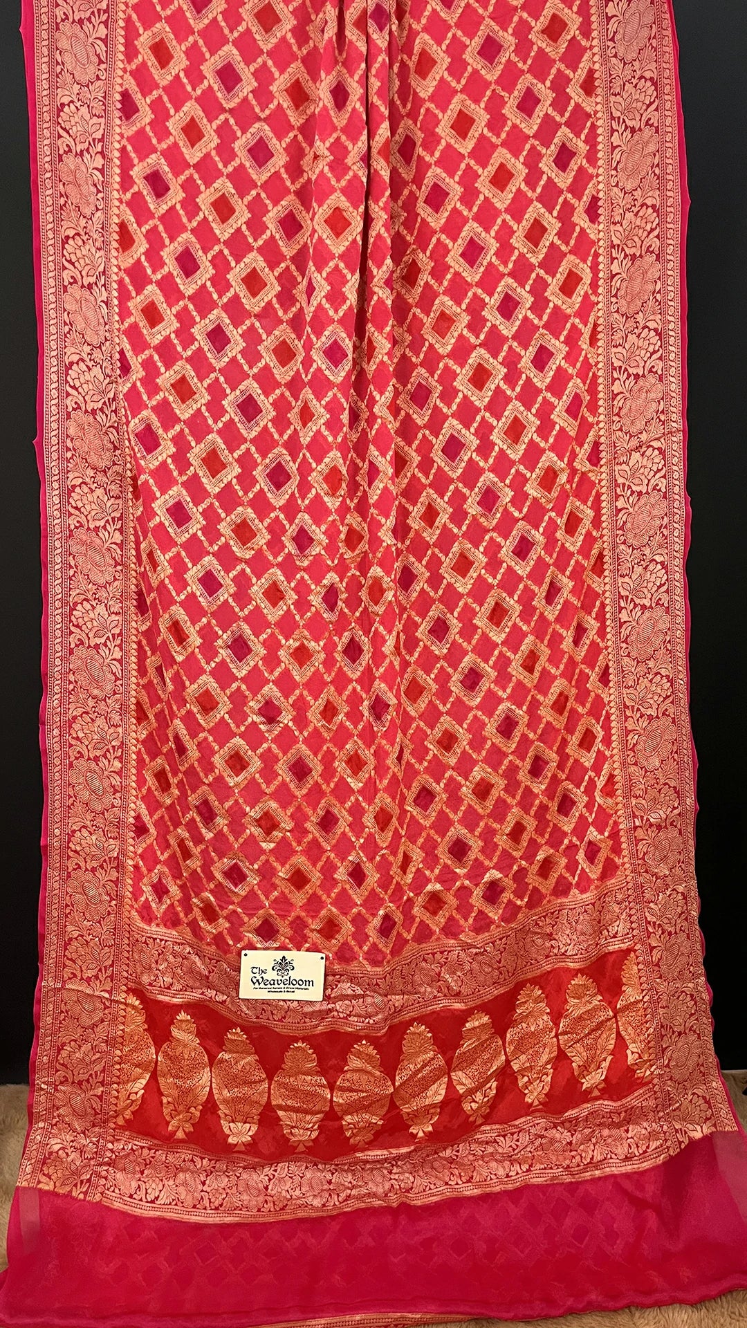 The Weaveloom Strawberry Pink Rangkat Multicolor Jaal Pattern Crepe Georgette Pure Banarasi Saree With Golden Zari Border