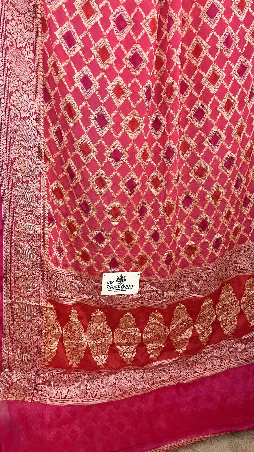 The Weaveloom Strawberry Pink Rangkat Multicolor Jaal Pattern Crepe Georgette Pure Banarasi Saree With Golden Zari Border