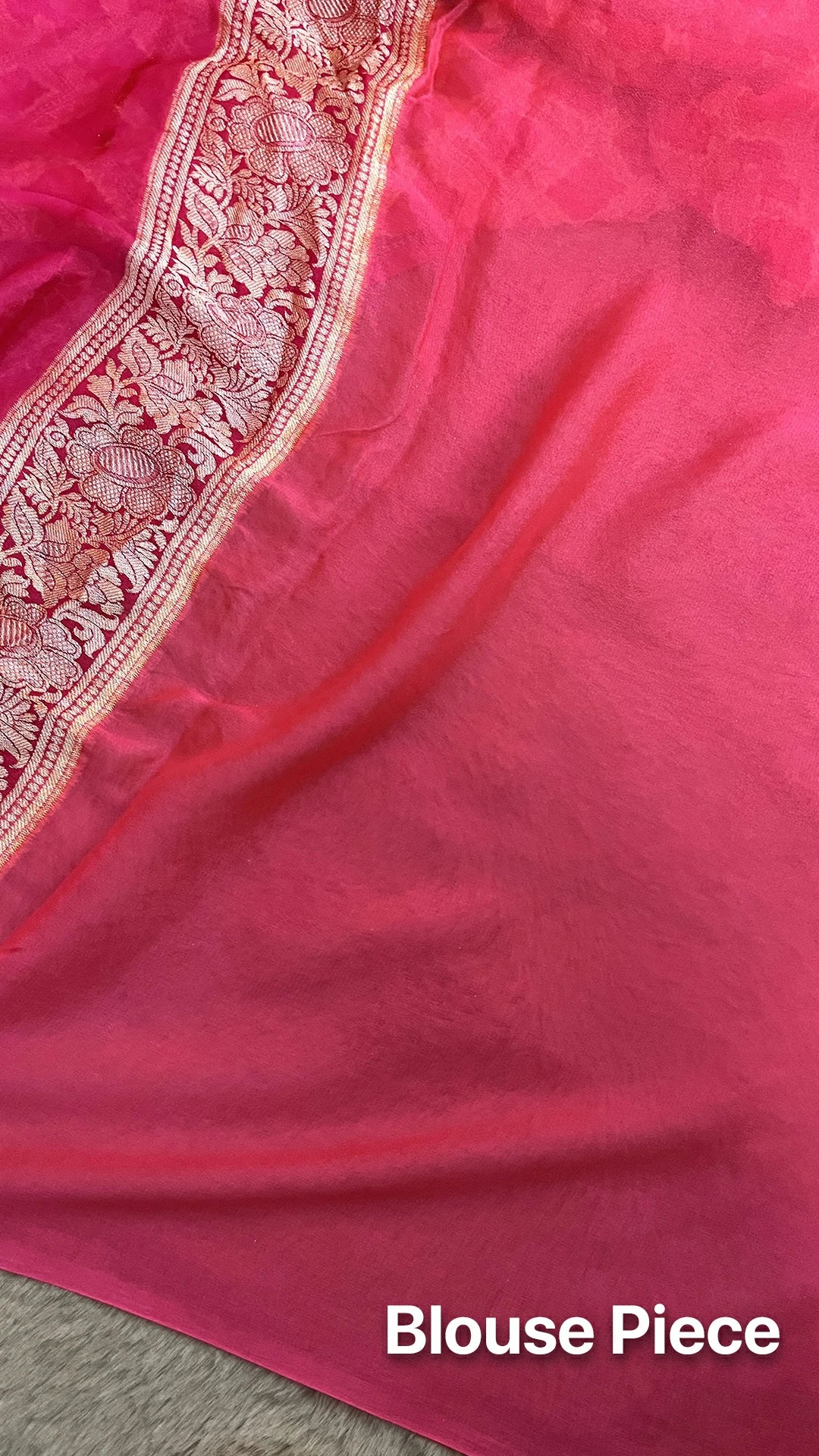 The Weaveloom Strawberry Pink Rangkat Multicolor Jaal Pattern Crepe Georgette Pure Banarasi Saree With Golden Zari Border