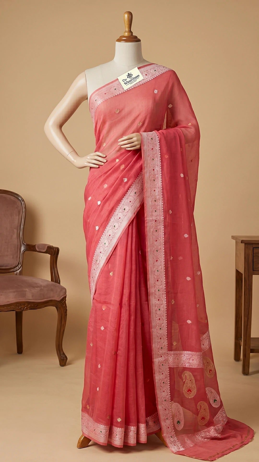 The Weaveloom Strawberry Pink Tissue Georgette Pure Handloom Banarasi Saree With Sona Rupa Kadwa Paisley Design