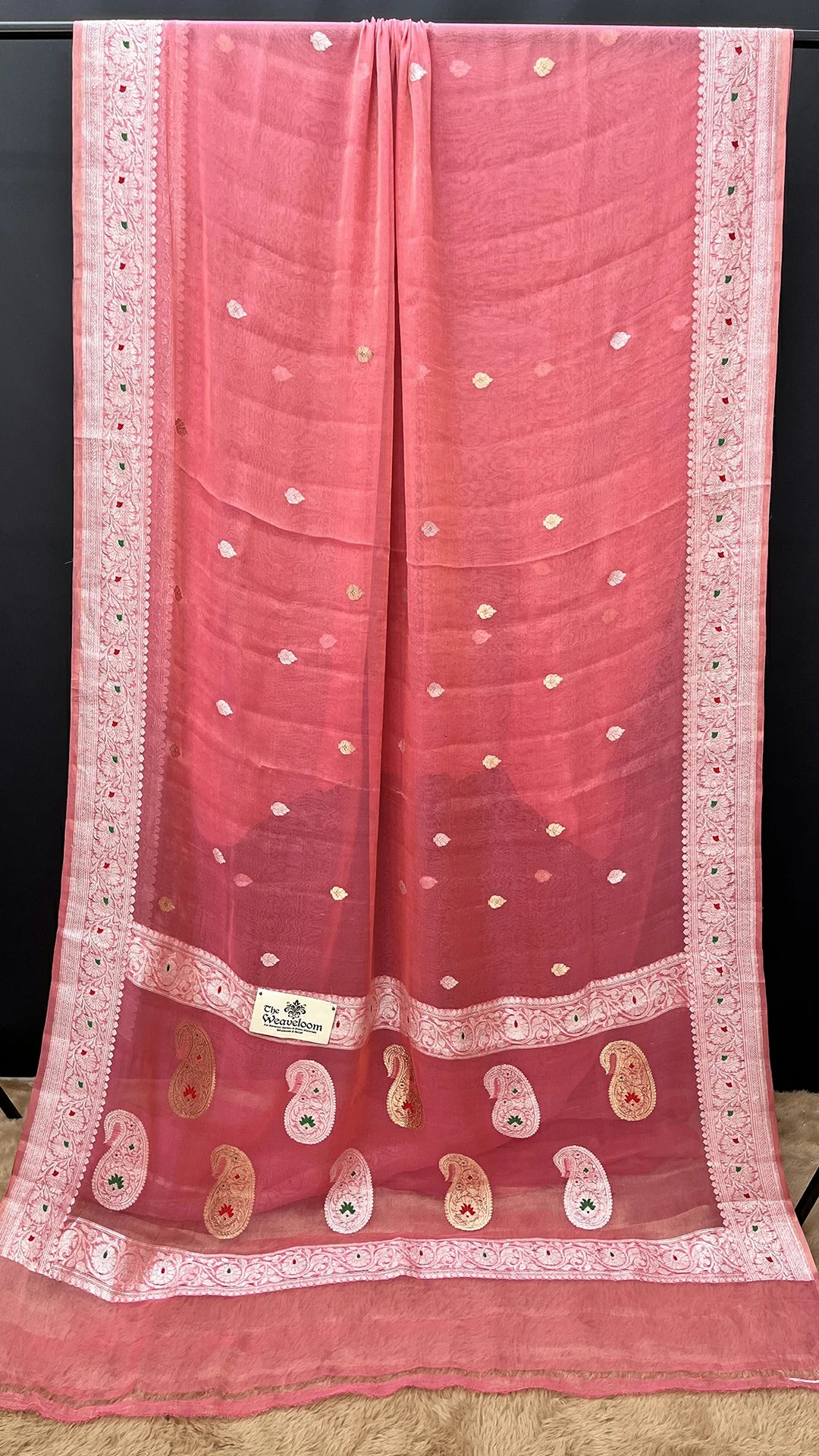 The Weaveloom Strawberry Pink Tissue Georgette Pure Handloom Banarasi Saree With Sona Rupa Kadwa Paisley Design