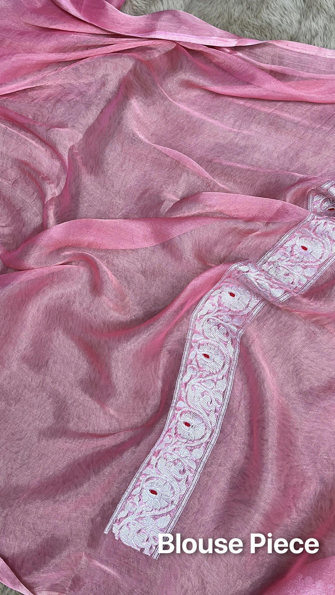 The Weaveloom Strawberry Pink Tissue Georgette Pure Handloom Banarasi Saree With Sona Rupa Kadwa Paisley Design
