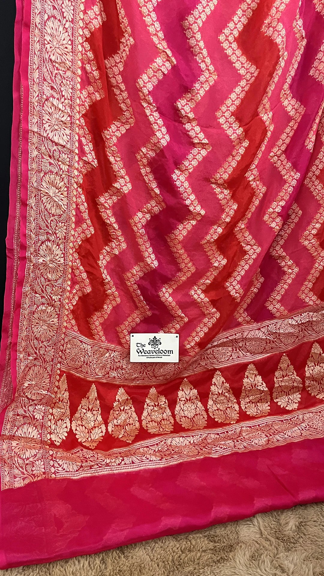The Weaveloom Strawberry Rangkat Crepe Georgette Pure Banarasi Saree in Multicolor with Golden Zari Zigzag Pattern and Floral Border