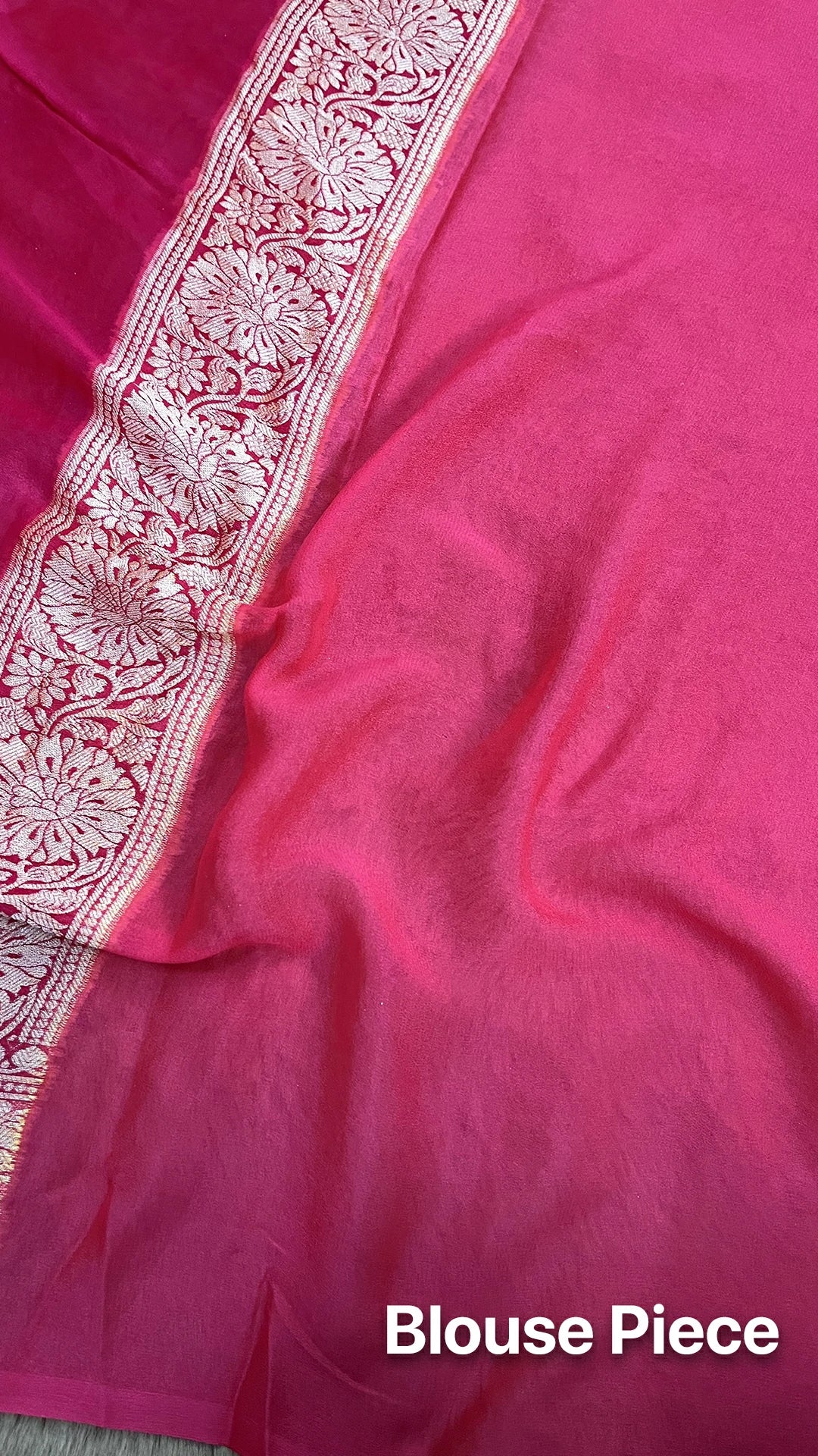 The Weaveloom Strawberry Rangkat Crepe Georgette Pure Banarasi Saree in Multicolor with Golden Zari Zigzag Pattern and Floral Border