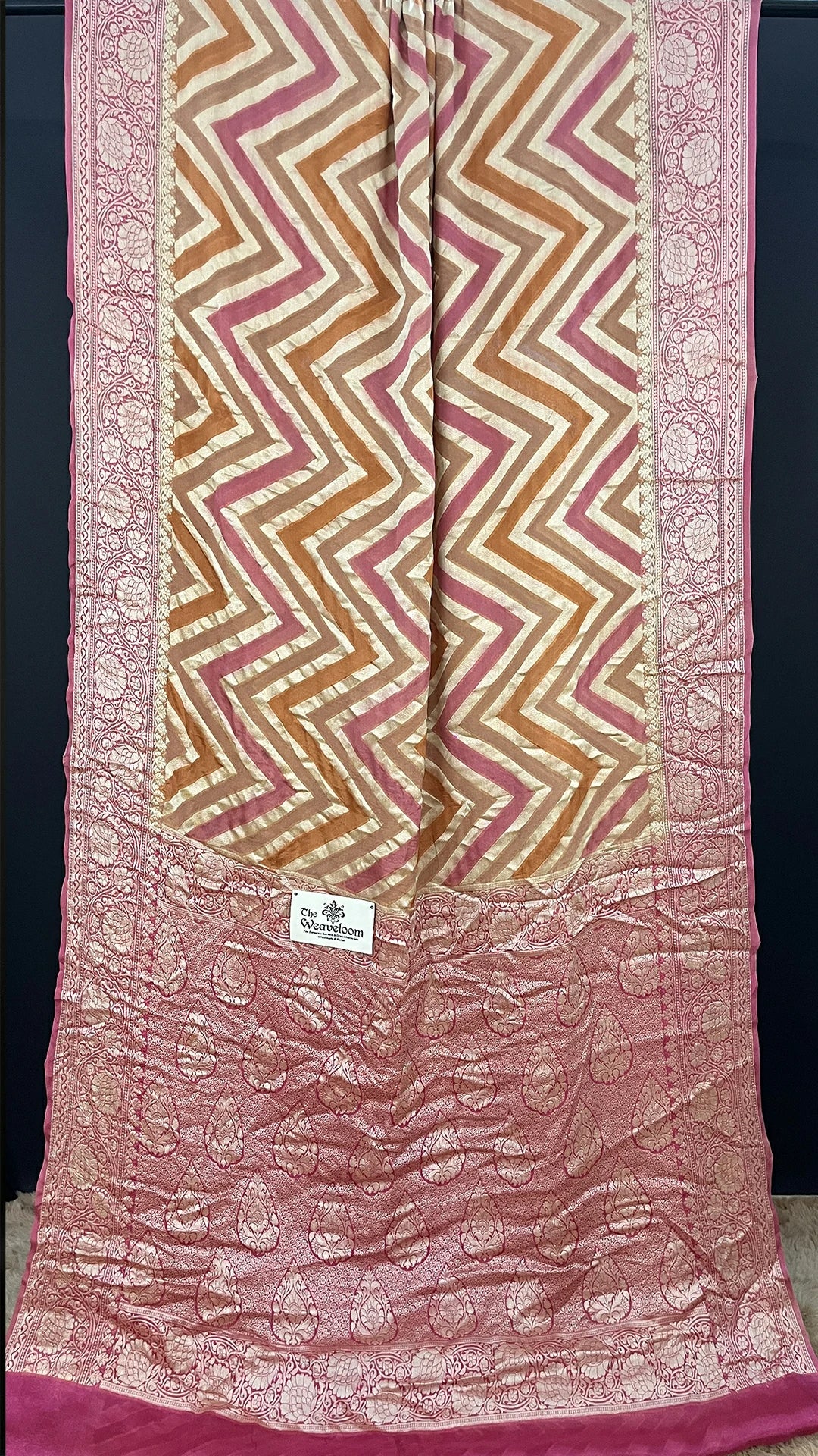 The Weaveloom Tussar Pink Rust Chevron Rangkat Crepe Georgette Golden Zari Pure Banarasi Saree