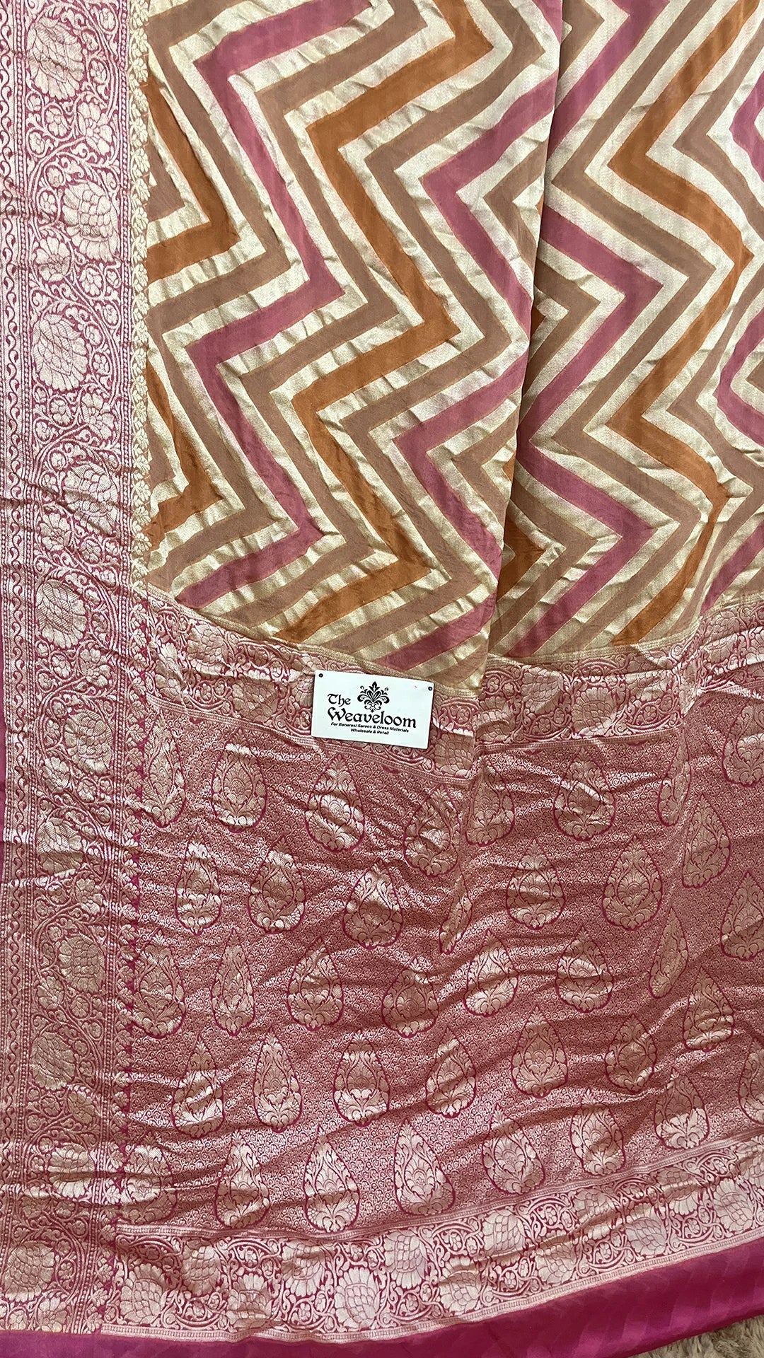 The Weaveloom Tussar Pink Rust Chevron Rangkat Crepe Georgette Golden Zari Pure Banarasi Saree