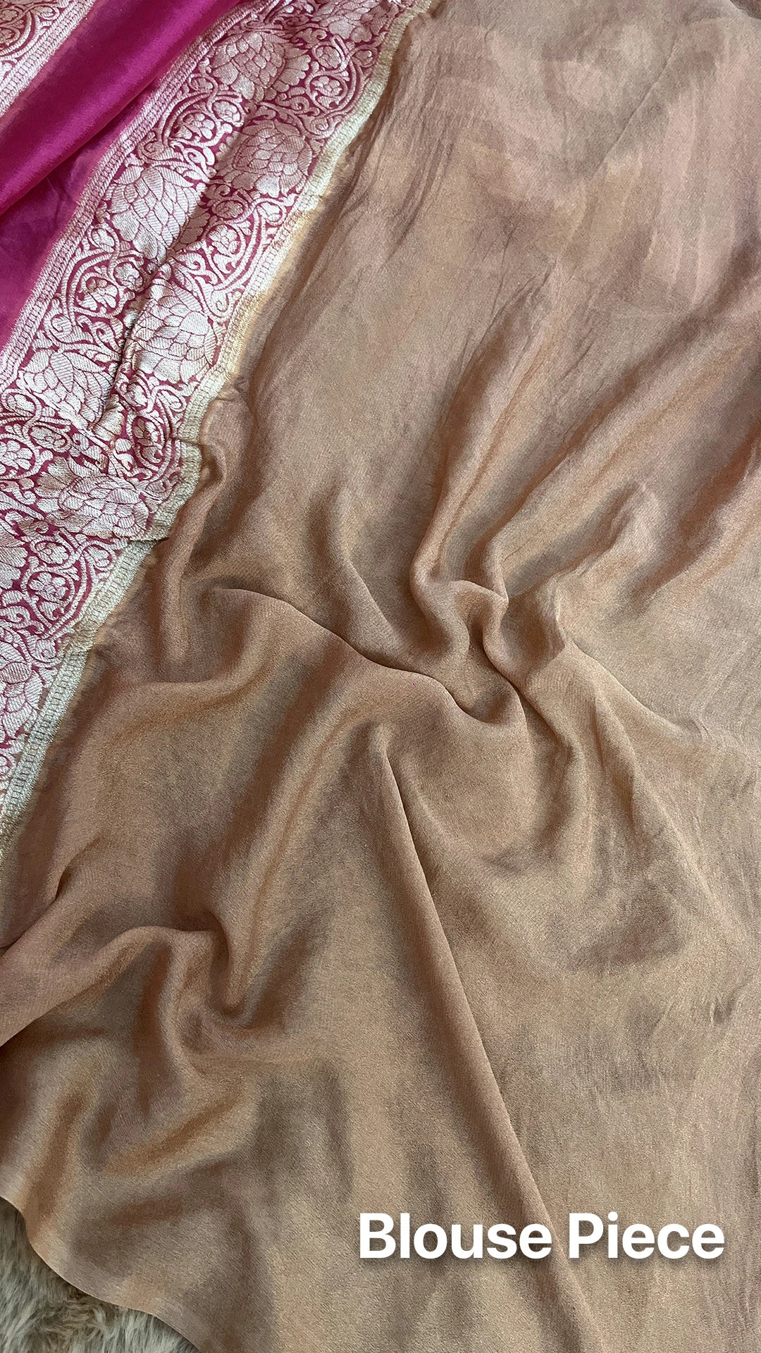 The Weaveloom Tussar Pink Rust Chevron Rangkat Crepe Georgette Golden Zari Pure Banarasi Saree