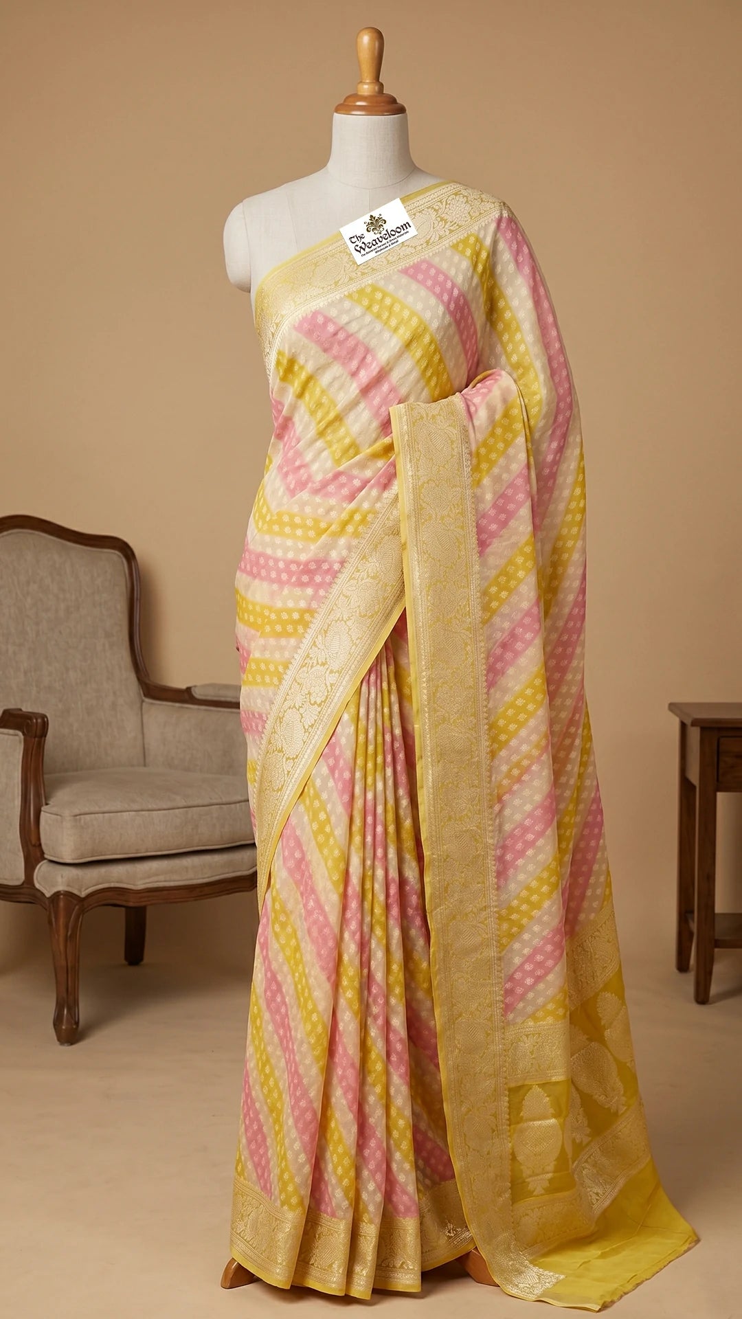 The Weaveloom Tussar Rangkat Crepe Georgette Multicolor Diagonal Pattern Pure Banarasi Saree With Golden Zari Border