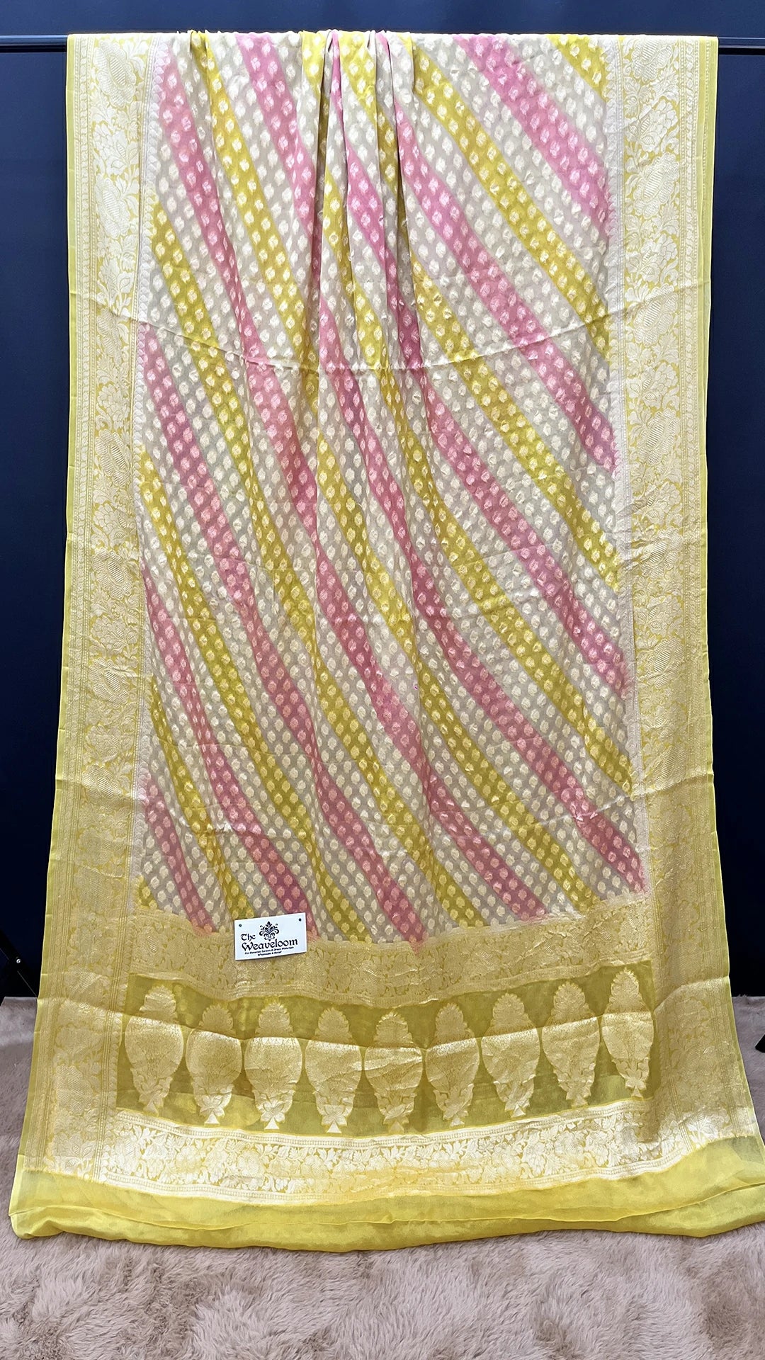 The Weaveloom Tussar Rangkat Crepe Georgette Multicolor Diagonal Pattern Pure Banarasi Saree With Golden Zari Border
