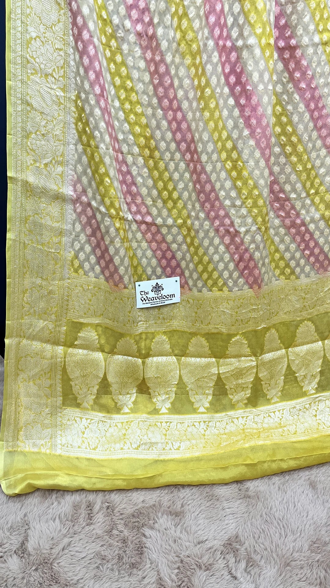 The Weaveloom Tussar Rangkat Crepe Georgette Multicolor Diagonal Pattern Pure Banarasi Saree With Golden Zari Border