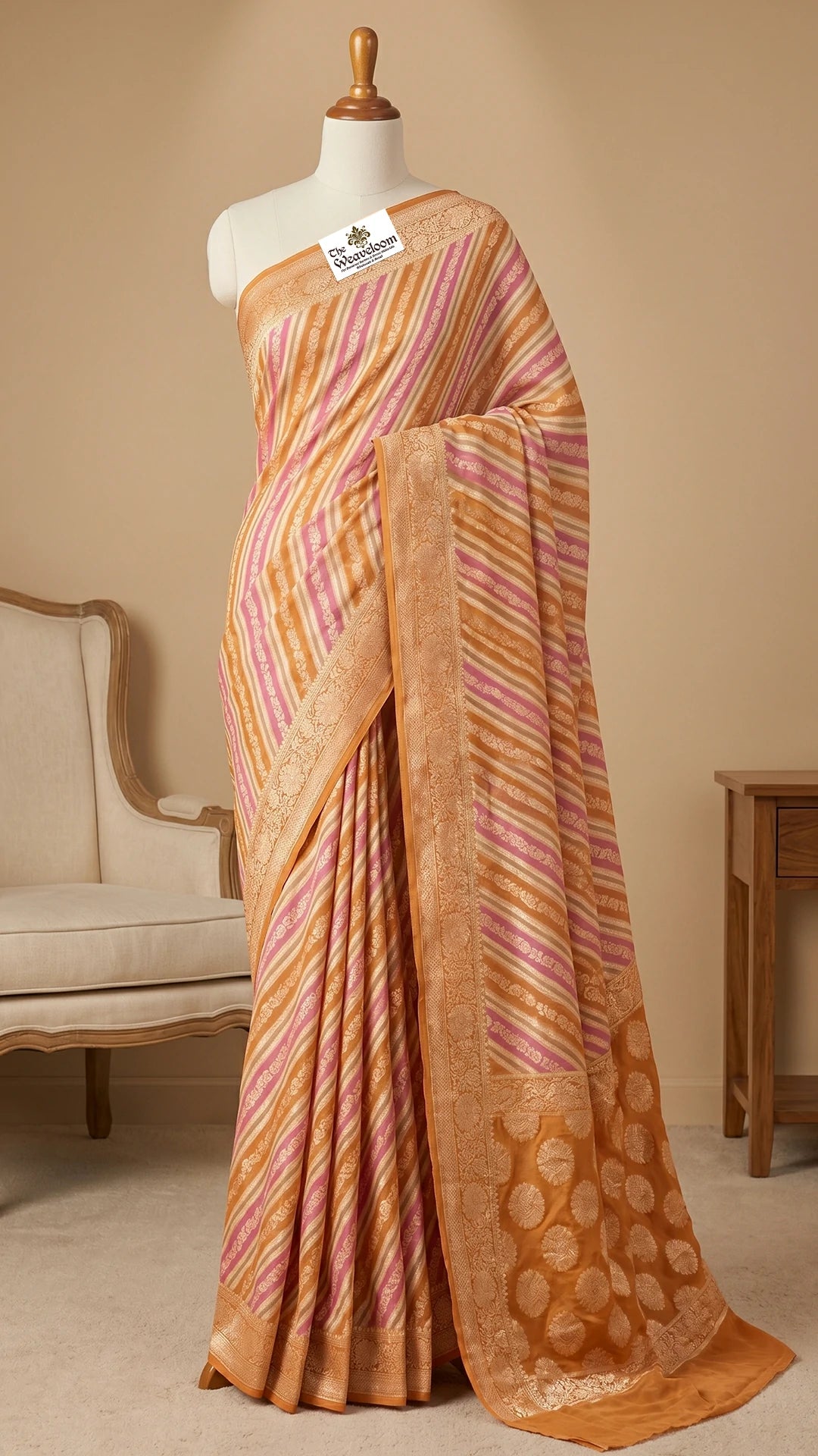 The Weaveloom Tussar Rangkat Crepe Georgette Multicolor Pure Banarasi Saree Peach Gold Pink Golden Zari Weave