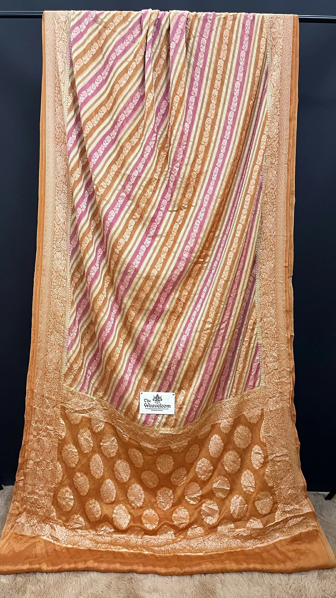 The Weaveloom Tussar Rangkat Crepe Georgette Multicolor Pure Banarasi Saree Peach Gold Pink Golden Zari Weave