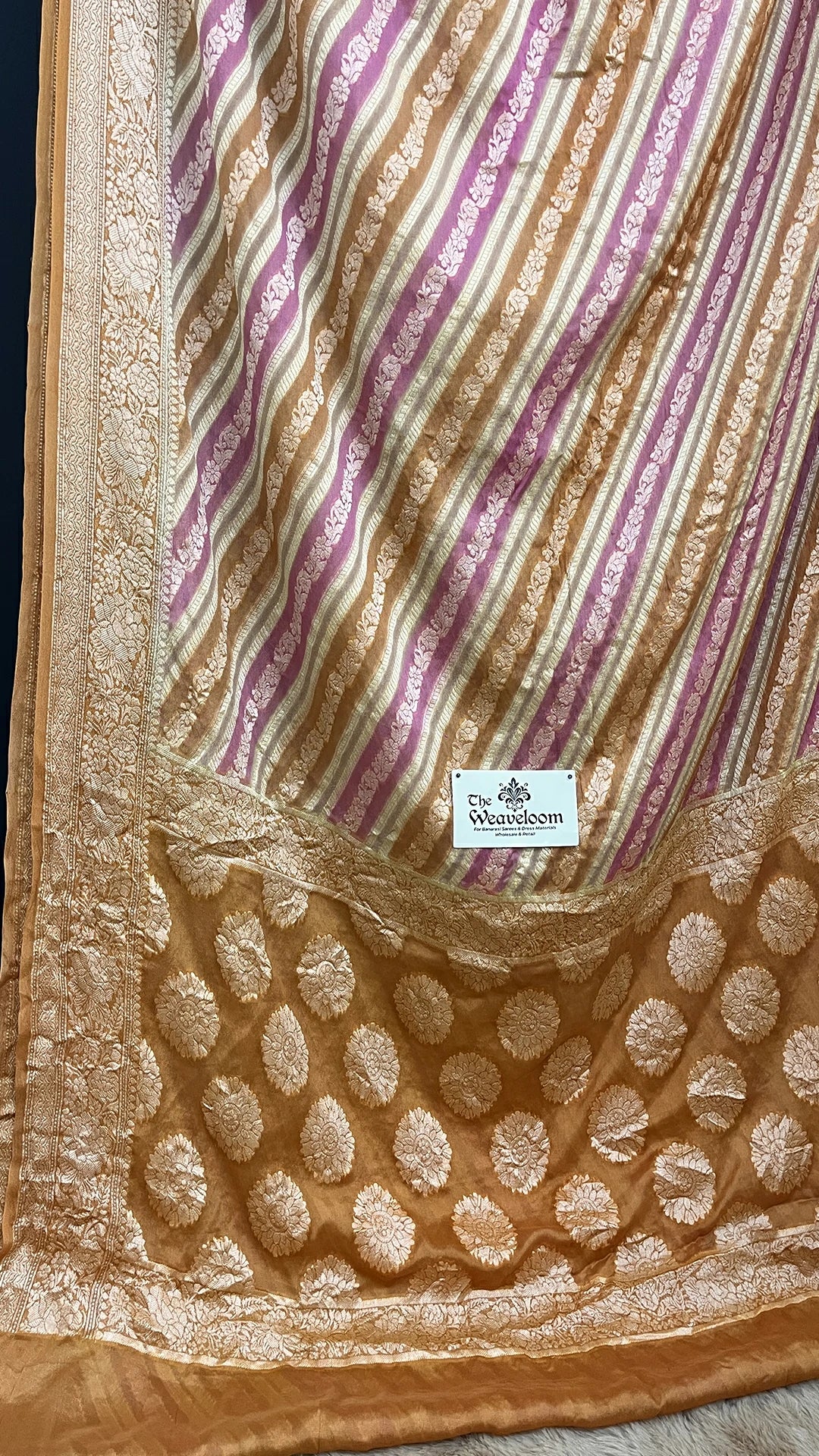 The Weaveloom Tussar Rangkat Crepe Georgette Multicolor Pure Banarasi Saree Peach Gold Pink Golden Zari Weave