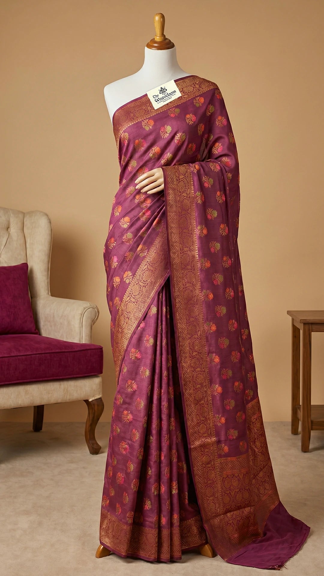 The Weaveloom Wine Munga Silk Pure Banarasi Saree with Floral Meenakari Antique Zari Border