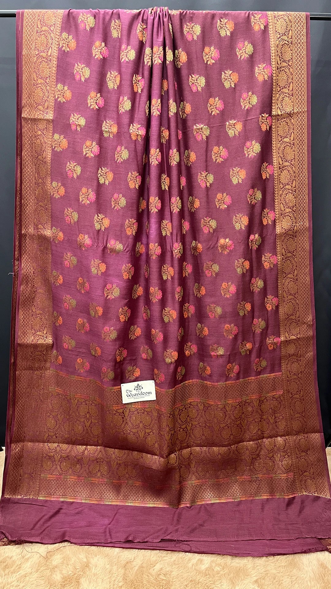The Weaveloom Wine Munga Silk Pure Banarasi Saree with Floral Meenakari Antique Zari Border