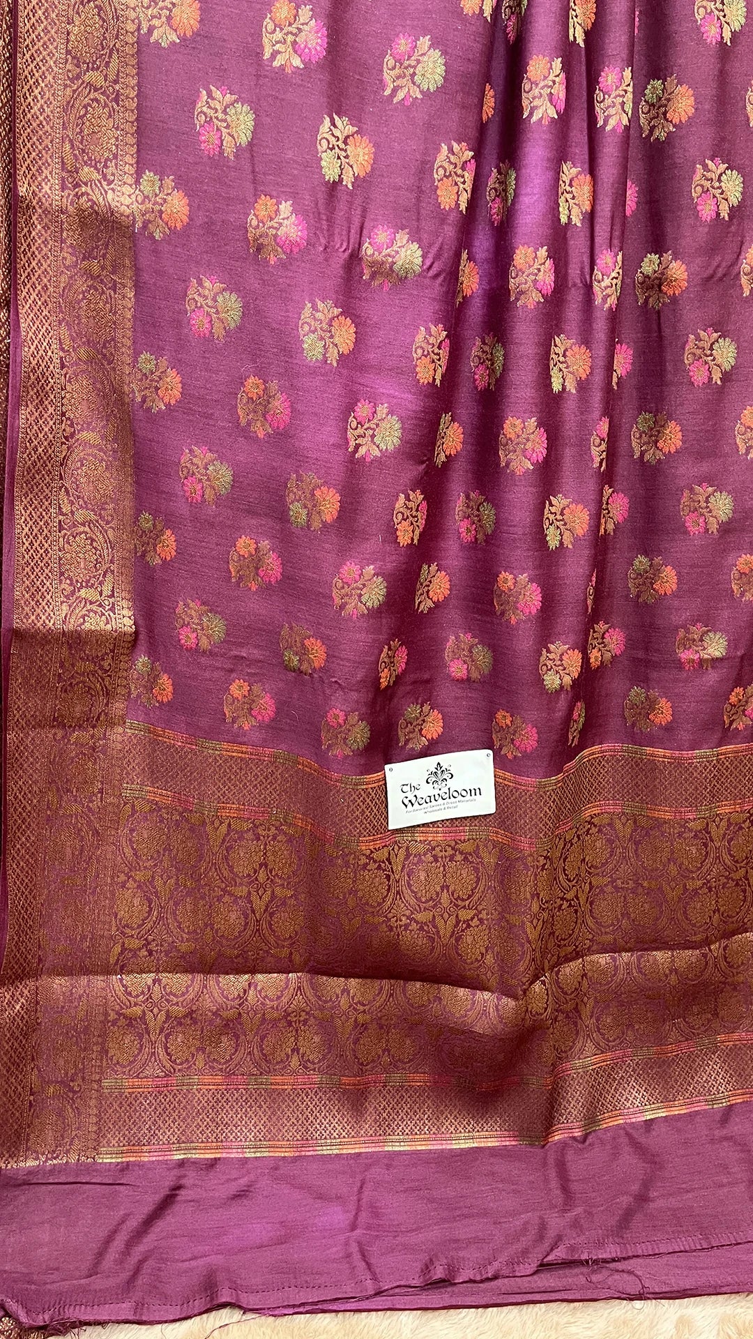 The Weaveloom Wine Munga Silk Pure Banarasi Saree with Floral Meenakari Antique Zari Border
