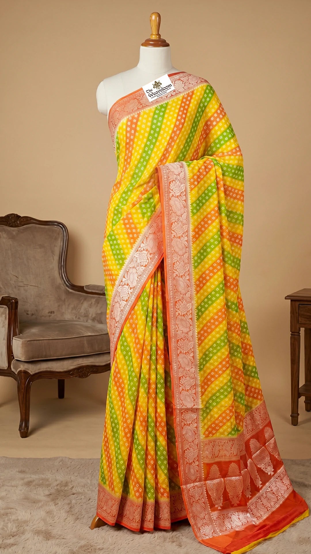 The Weaveloom Yellow Rangkat Multicolor Crepe Georgette Pure Banarasi Saree With Golden Zari Floral Border