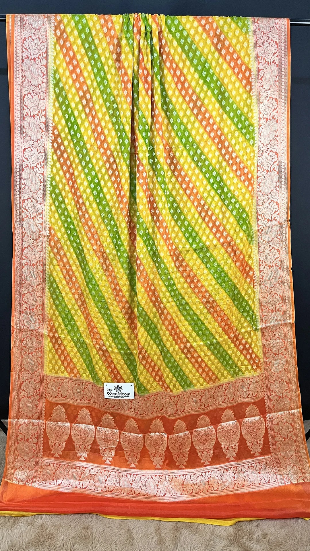 The Weaveloom Yellow Rangkat Multicolor Crepe Georgette Pure Banarasi Saree With Golden Zari Floral Border