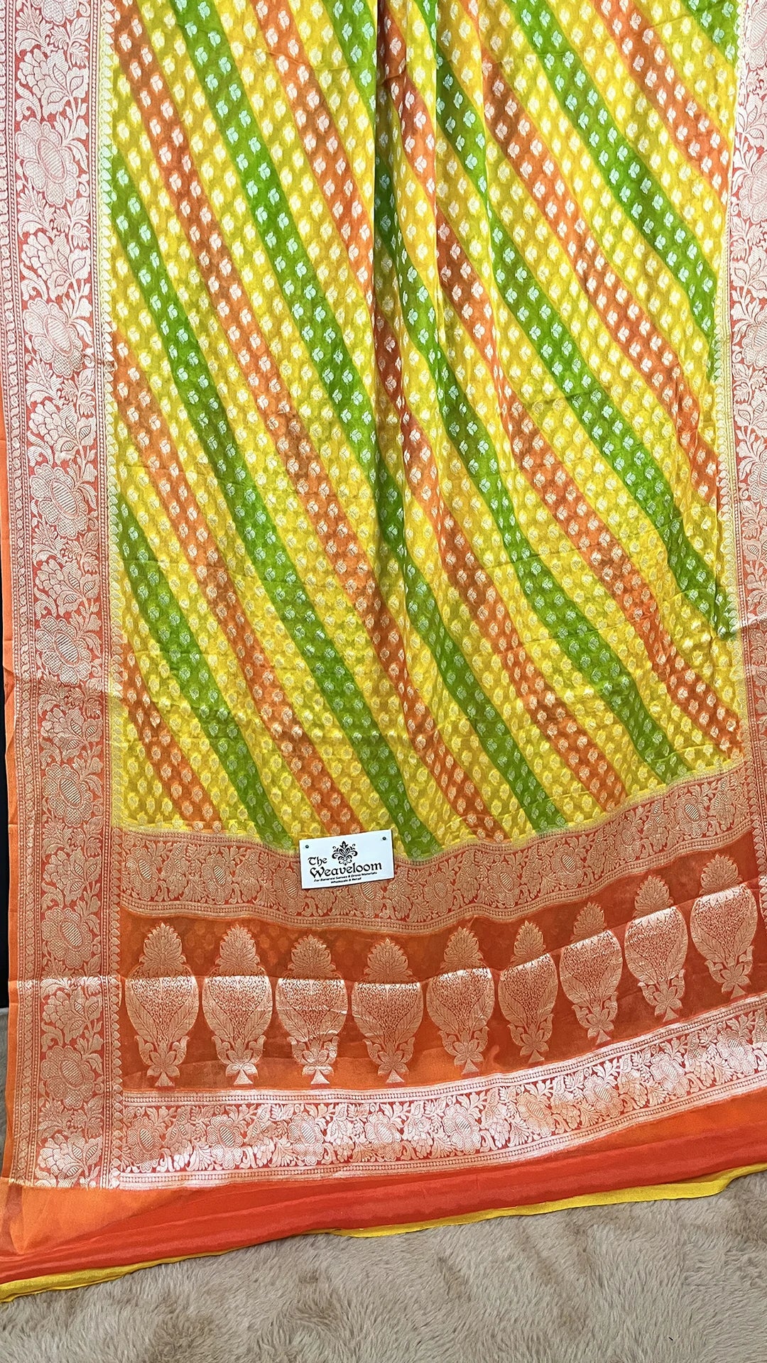 The Weaveloom Yellow Rangkat Multicolor Crepe Georgette Pure Banarasi Saree With Golden Zari Floral Border
