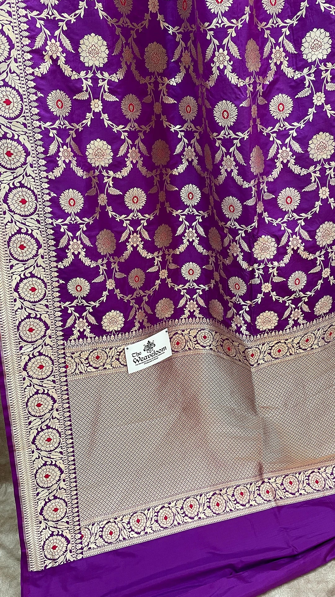 The Weaveloom Magenta Pure Katan Silk Nita Ambani Banarasi Saree with Meenakari and Gold Zari