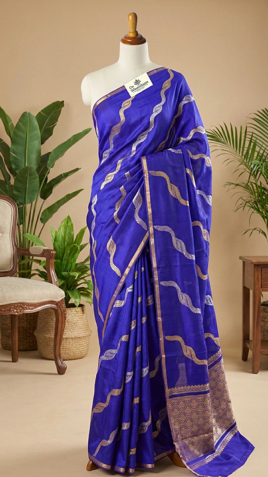 The Weaveloom Royal Blue Sona Rupa Zari Stripes Kora Silk Pure Handloom Banarasi Saree With Rich Border