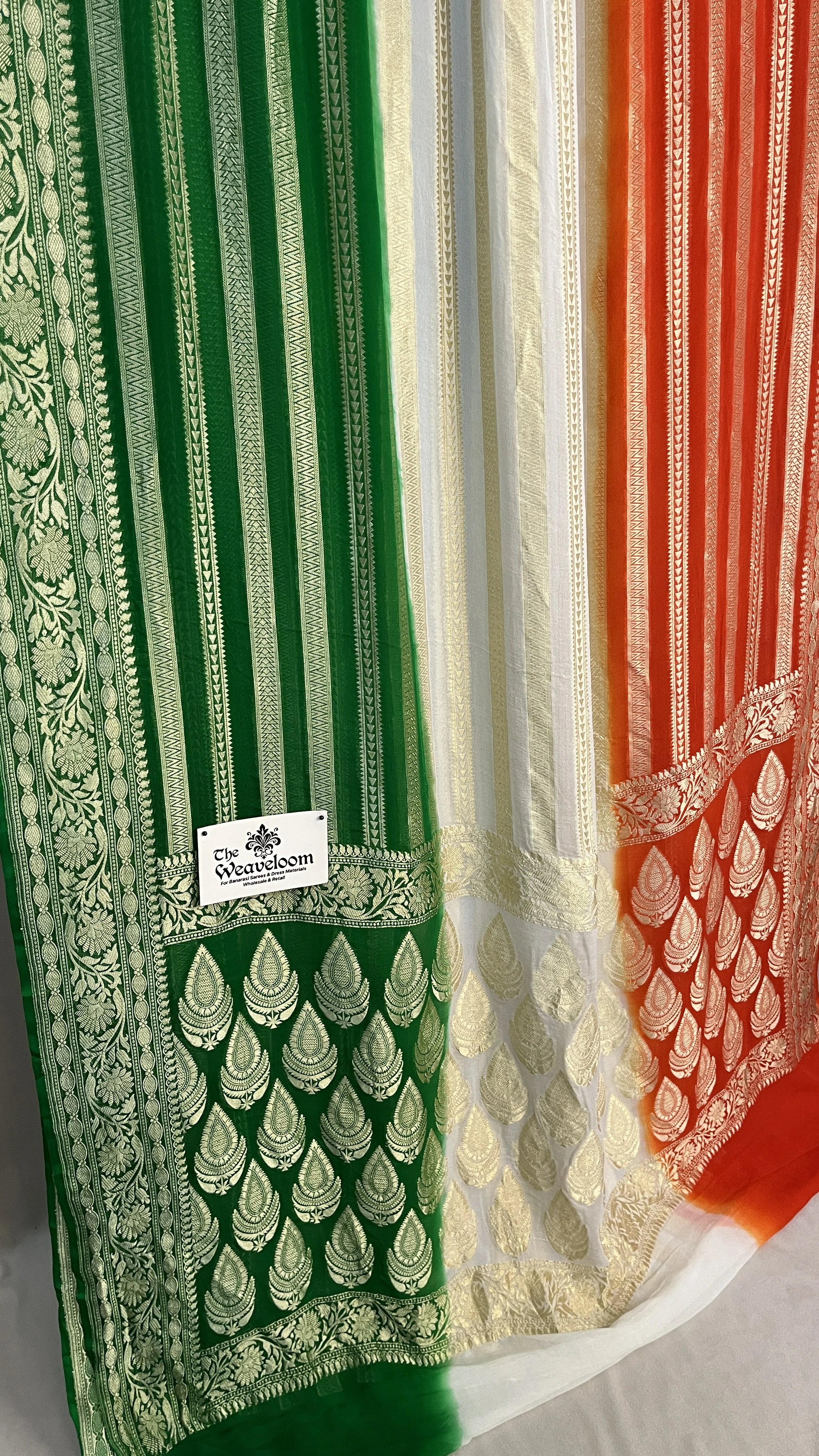 Tiranga Saree For Independence Day Pure Khaddi Georgette Banarasi Saree with Orange White Green Zari