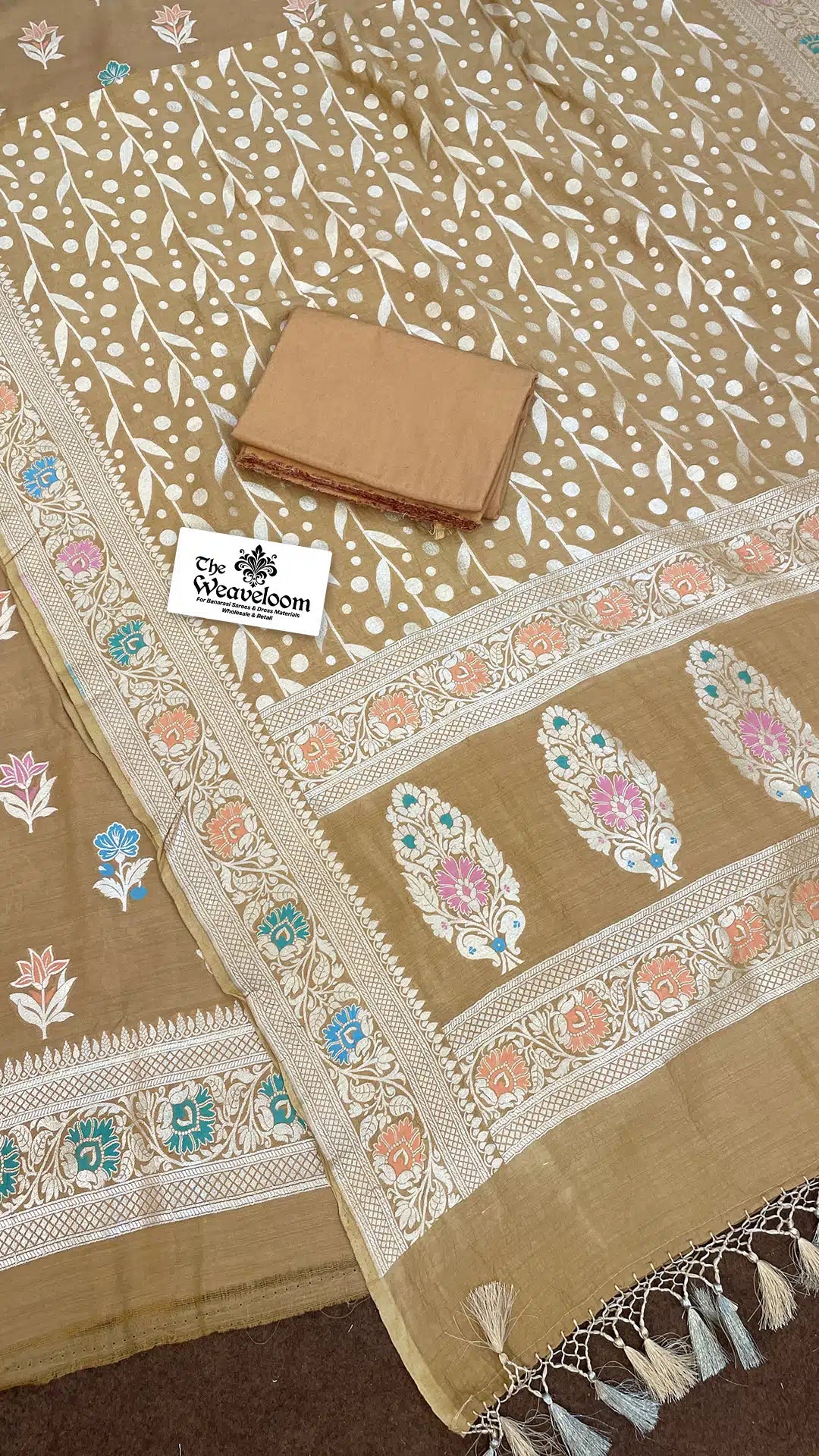 Tussar color pure Moonga silk dress material with pastel Meenakari Banarasi dupatta – The Weaveloom