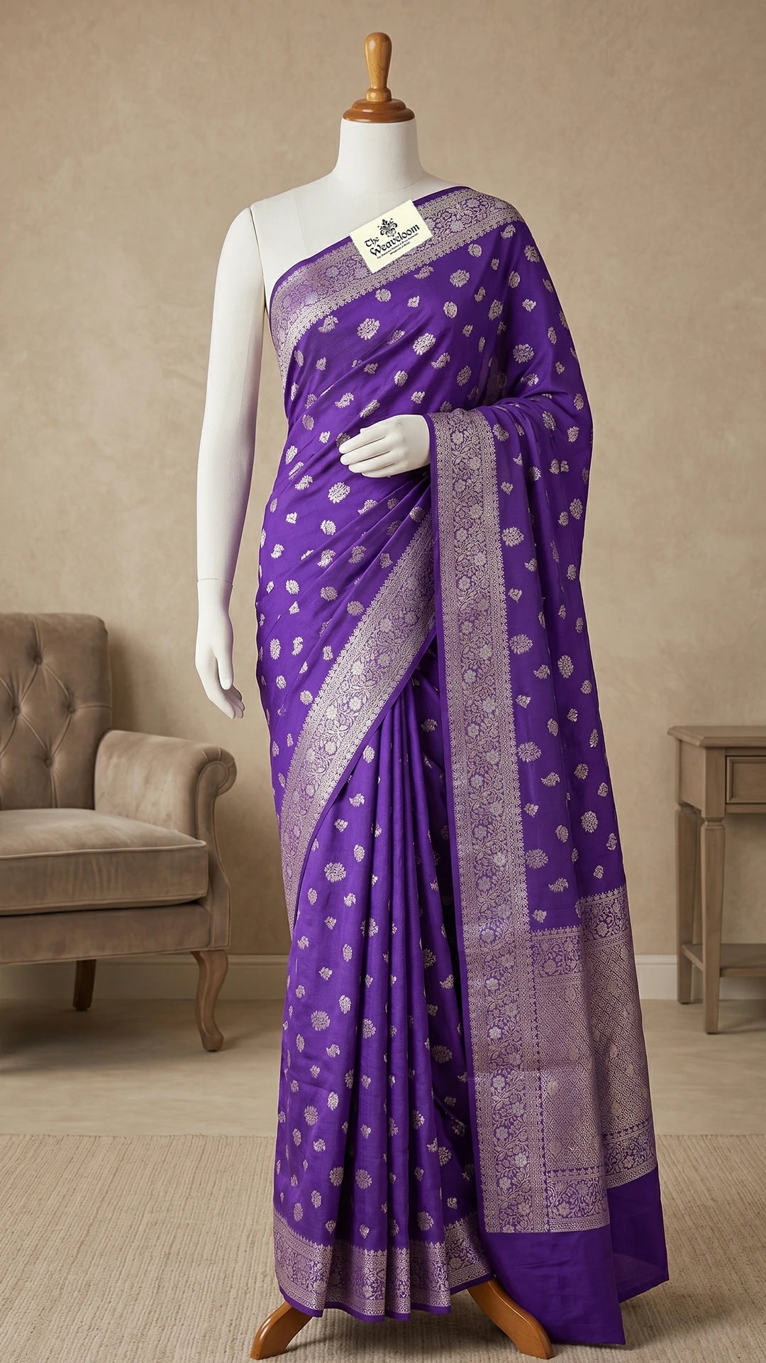 The Weaveloom violet chiniya silk pure banarasi saree with sona rupa zari floral buti and rich border