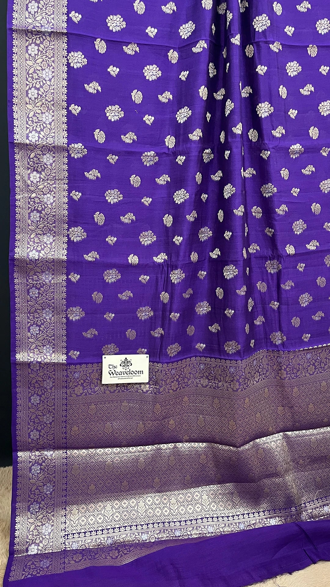 The Weaveloom violet chiniya silk pure banarasi saree with sona rupa zari floral buti and rich border