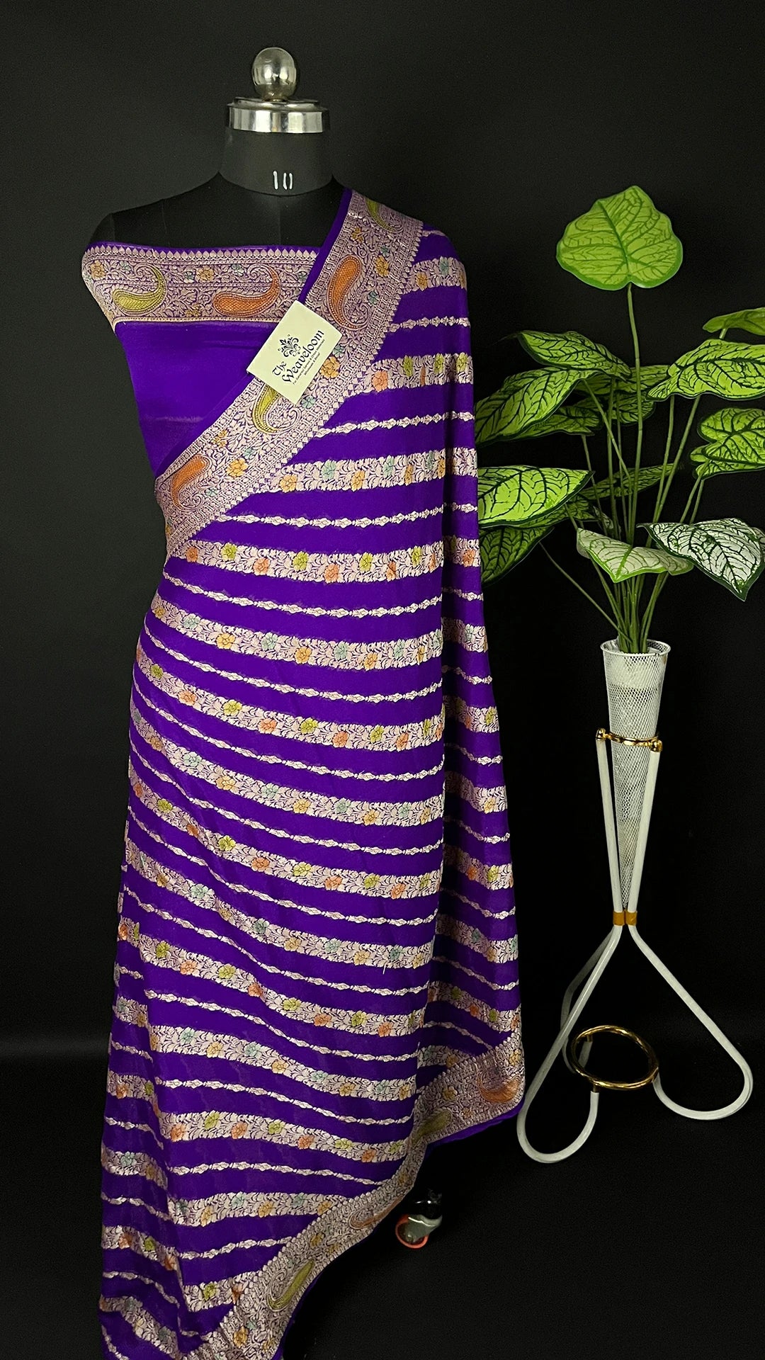 Violet Crepe Georgette Pure Banarasi Saree Handbrush Zari Diagonal Floral Stripe The Weaveloom