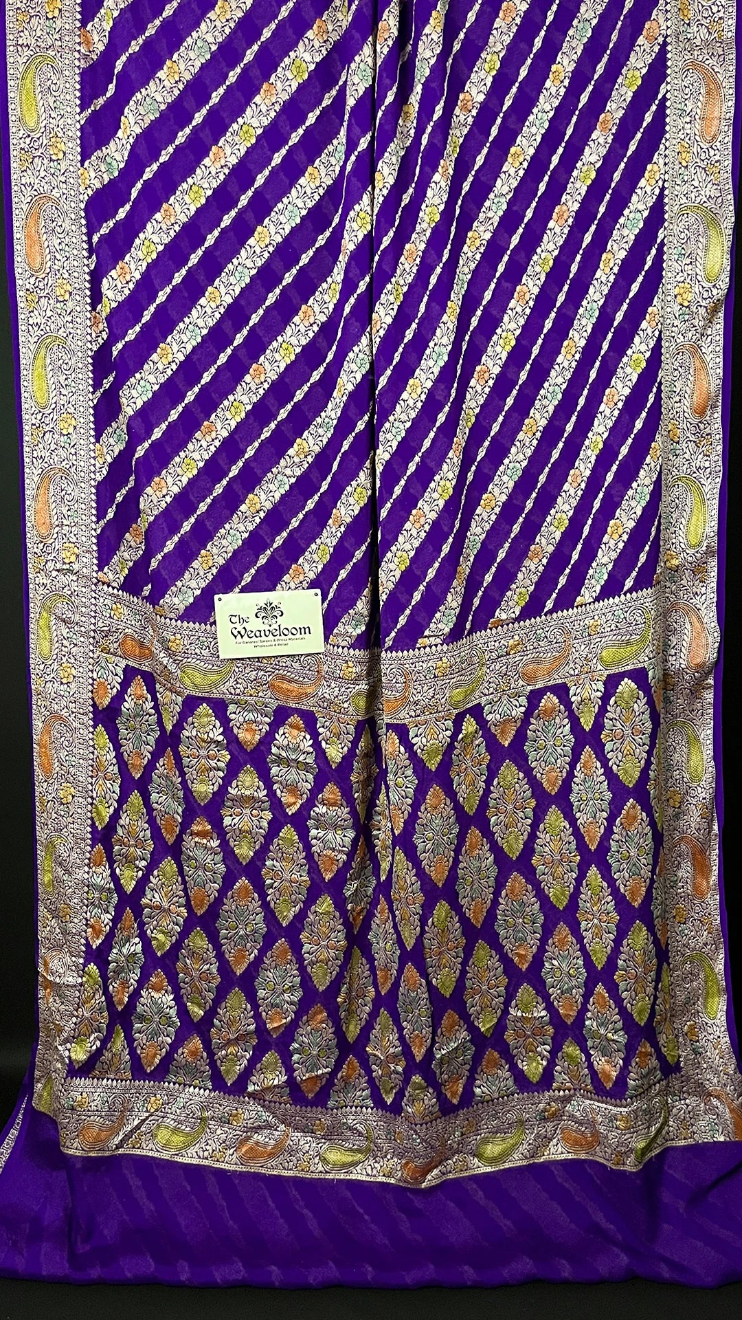 Violet Crepe Georgette Pure Banarasi Saree Handbrush Zari Diagonal Floral Stripe The Weaveloom