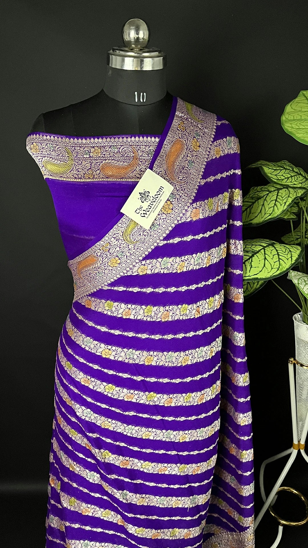 Violet Crepe Georgette Pure Banarasi Saree Handbrush Zari Diagonal Floral Stripe The Weaveloom