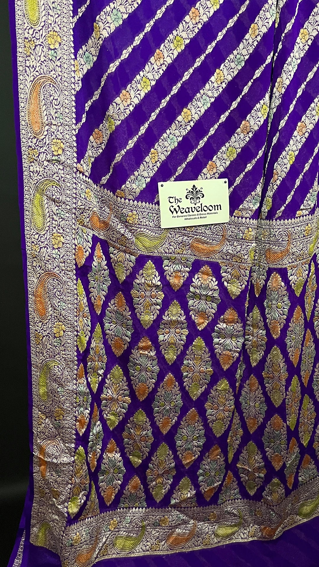 Violet Crepe Georgette Pure Banarasi Saree Handbrush Zari Diagonal Floral Stripe The Weaveloom